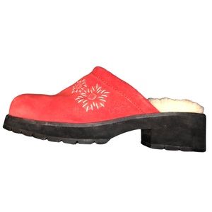 UGG Suede Solvang Slip On Sherpa Lined Red with Embroidered Flowers